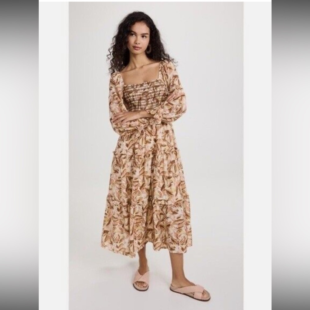 Moon River Brown and Cream Smocked Tiered Midi Dress